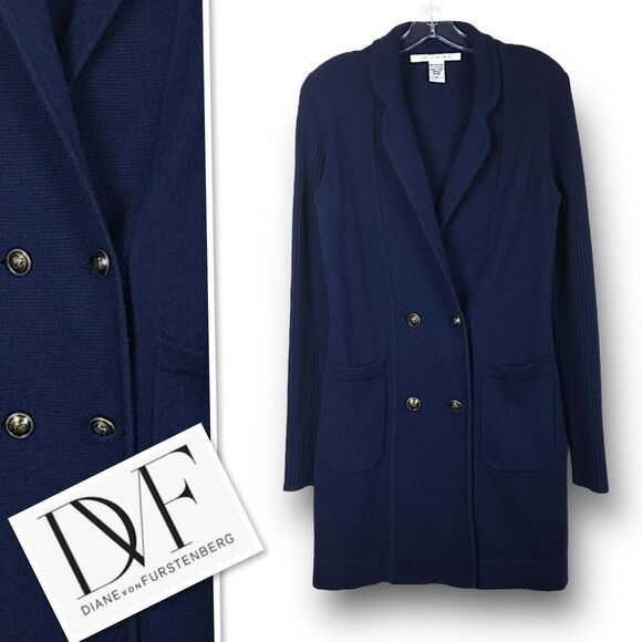 Diane Von Furstenburg 100% Cashmere Double Breasted Long Cardigan-Coat Navy Sz P - Picture 3 of 12